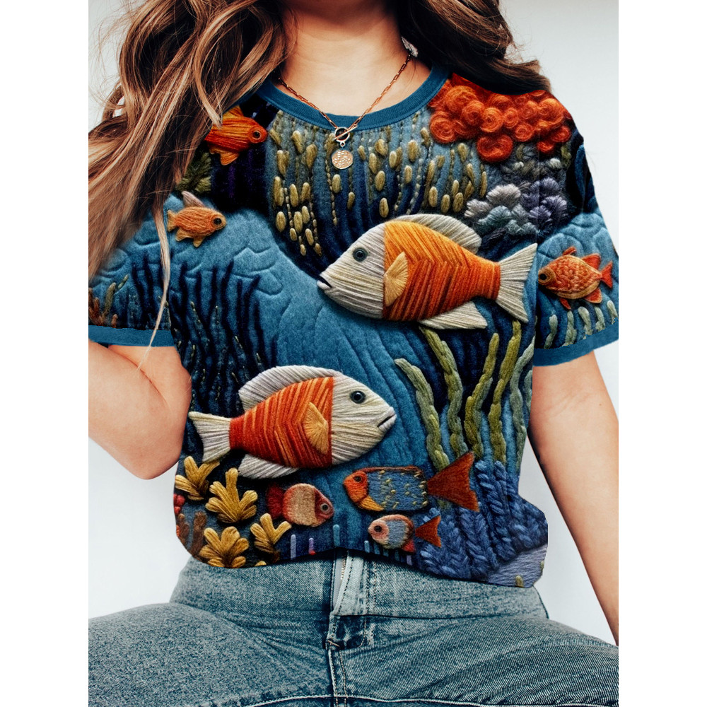 Ocean Fish Embroidery Art Vintage Cozy T Shirt