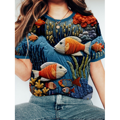 Ocean Fish Embroidery Art Vintage Cozy T Shirt