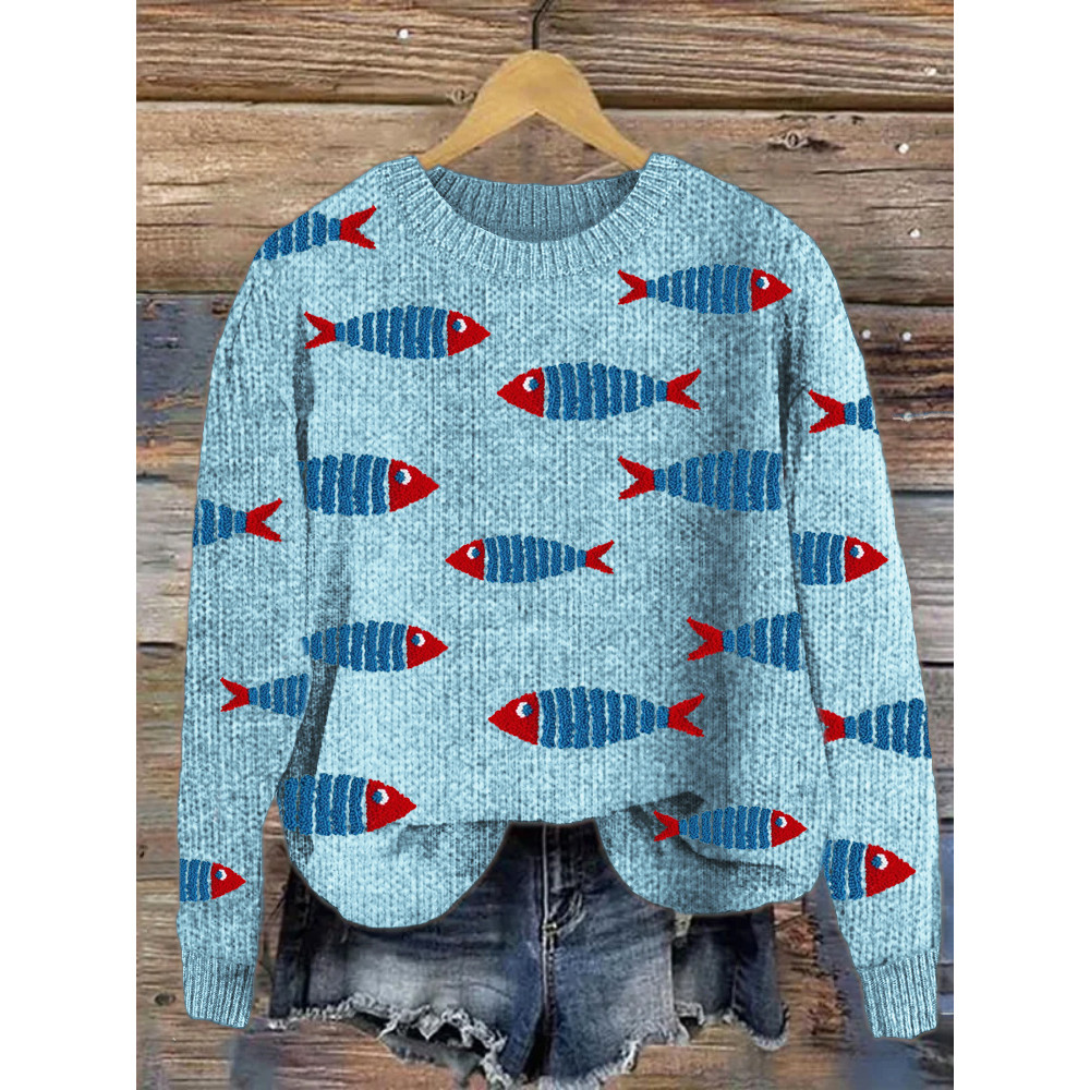 Ocean Fish Embroidery Cozy Knit Sweater