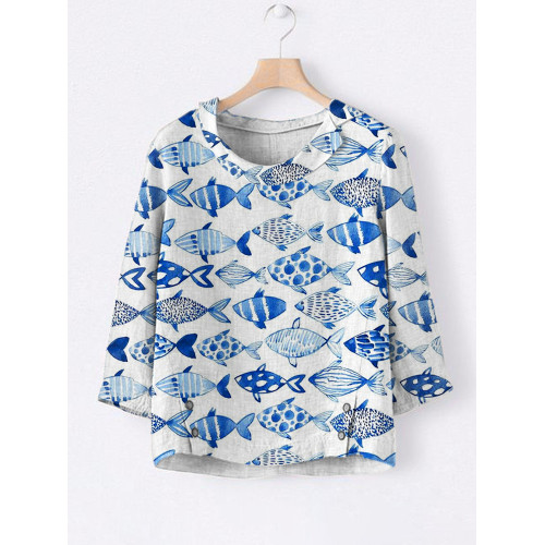 Ocean Fish Japanese Print Linen Lapel Shirt