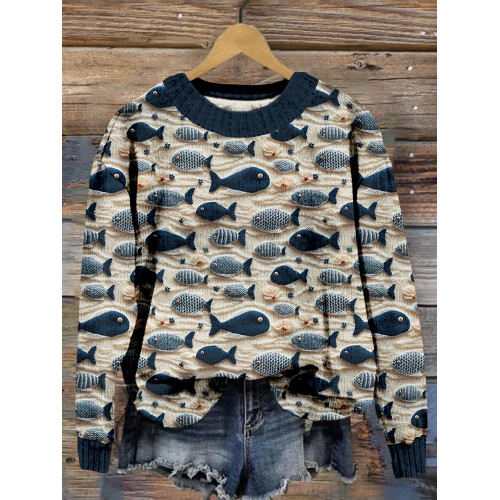 Ocean Fish Knit Pattern Crew Neck Cozy Sweater