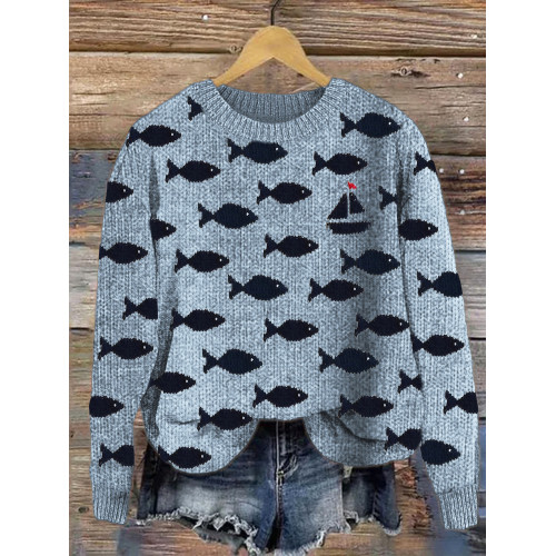 Ocean Fish Pattern Cozy Knit Sweater
