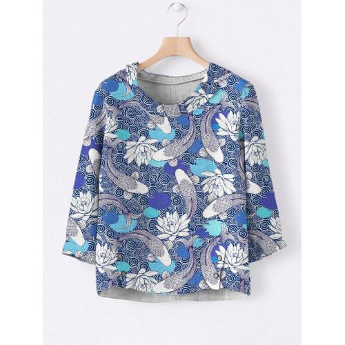 Ocean Fish & Lotus Japanese Print Linen Lapel Shirt