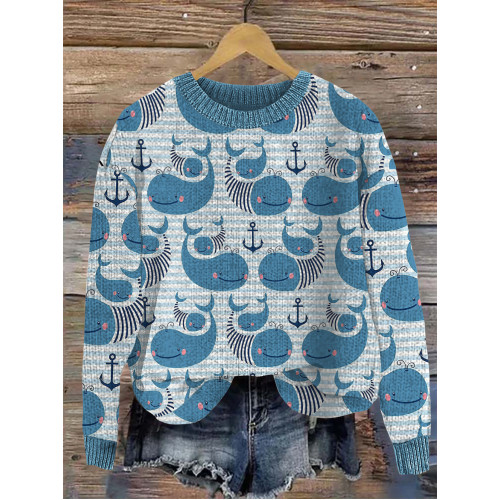 Ocean Killer Cute Shark Print Cozy Knit Sweater