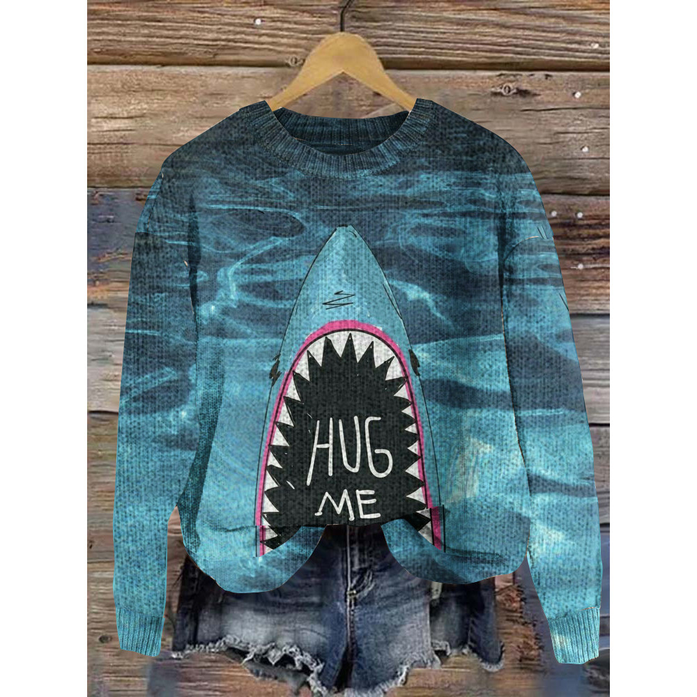 Ocean Killer Shark Hug Me Print Cozy Knit Sweater