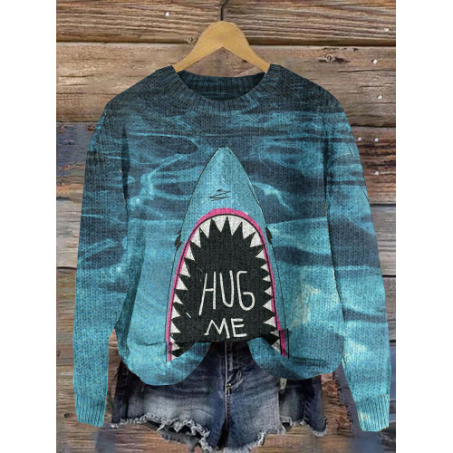 Ocean Killer Shark Hug Me Print Cozy Knit Sweater