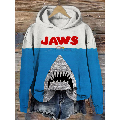 Ocean Killer Shark Jaws Print Cozy Hooded Sweatshirt
