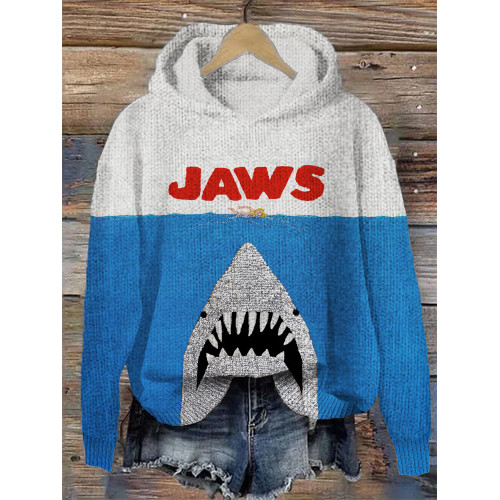 Ocean Killer Shark Jaws Print Cozy Knit Hooded Sweater