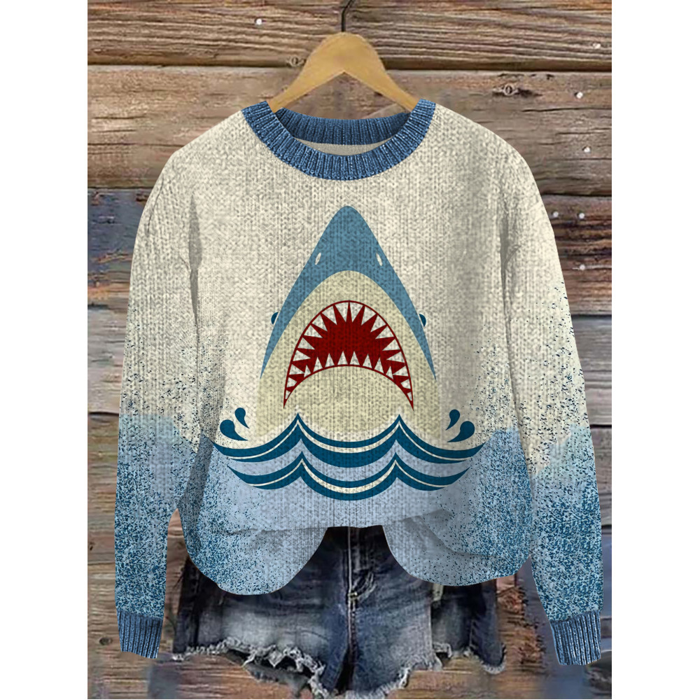Ocean Killer Shark Jaws Print Cozy Knit Sweater