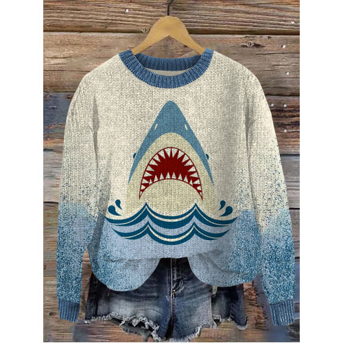 Ocean Killer Shark Jaws Print Cozy Knit Sweater