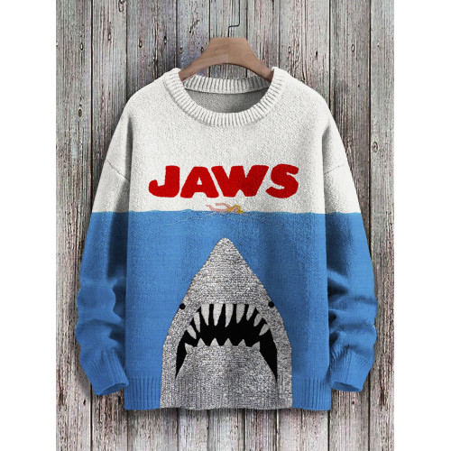 Ocean Killer Shark Jaws Print Cozy Knit Sweater