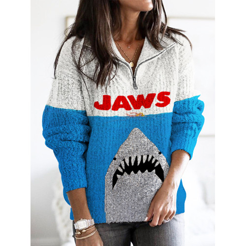 Ocean Killer Shark Jaws Print Cozy Zipper Stand-Up Sweater
