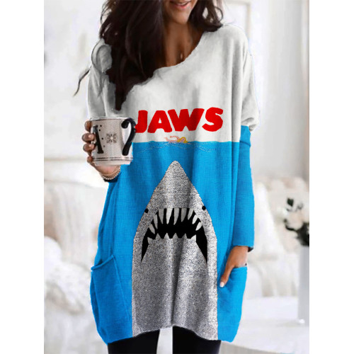 Ocean Killer Shark Jaws Print Oversize Long T-Shirt