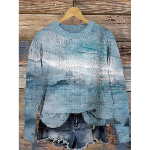 Ocean Landscape Pattern Cozy Knit Sweater