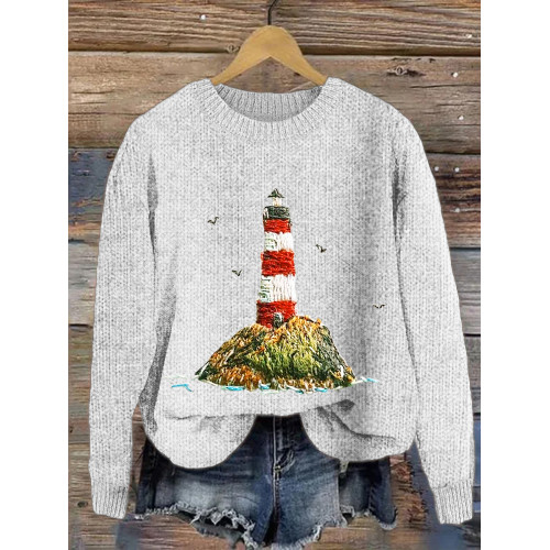 Ocean Lighthouse Embroidery Pattern Cozy Knit Sweater