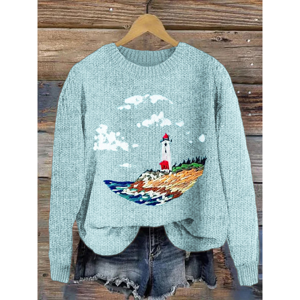Ocean Lighthouse & Landscape Embroidery Pattern Cozy Knit Sweater