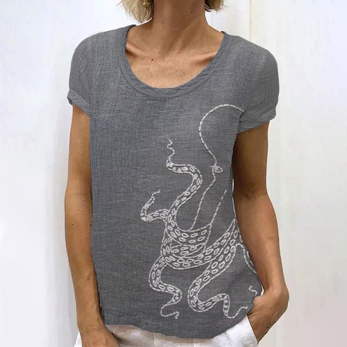 Ocean Octopus Embroidery Art Cotton And Linen T-Shirt
