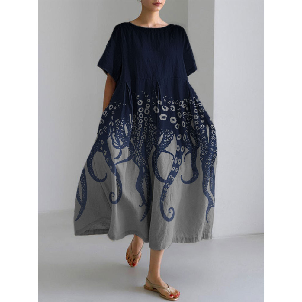 Ocean Octopus Japanese Art Linen Blend Casual Dress