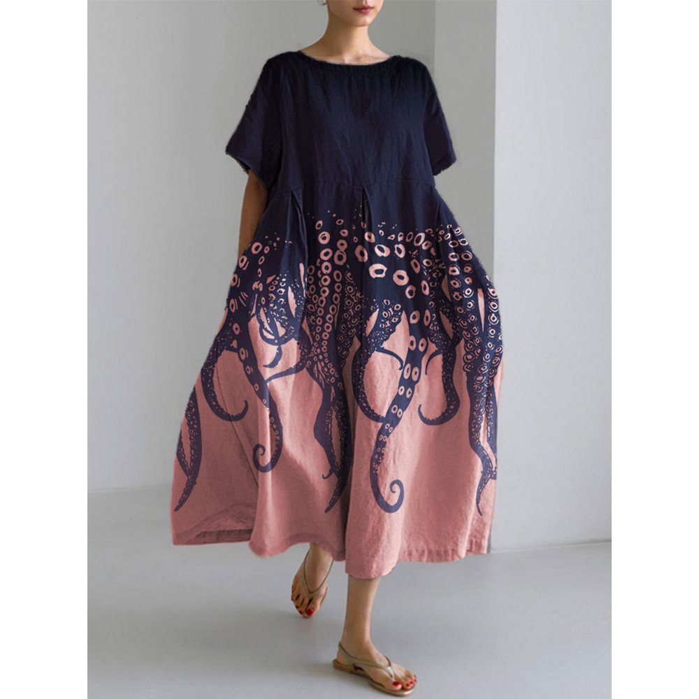 Ocean Octopus Japanese Art Linen Blend Casual Dress