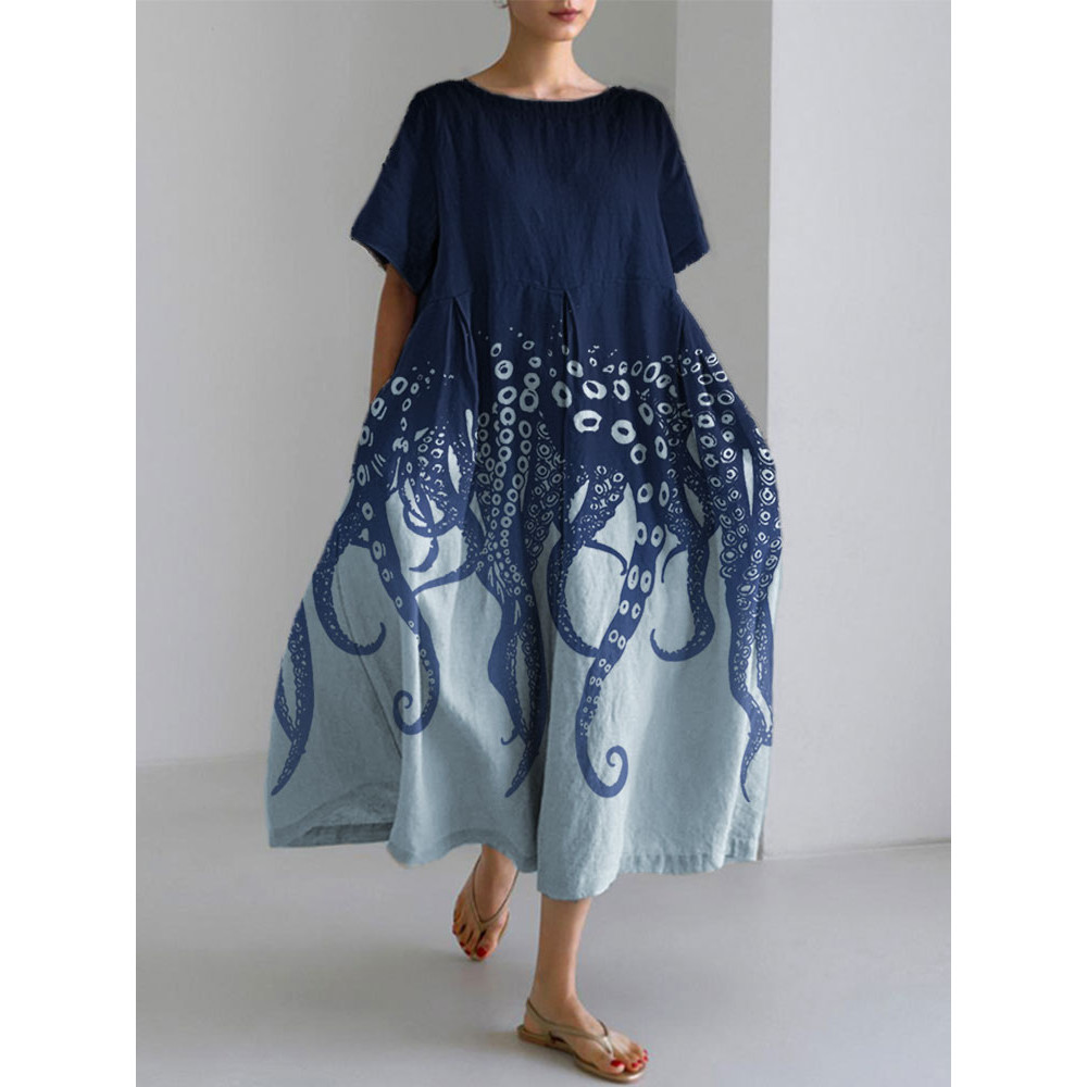 Ocean Octopus Japanese Art Linen Blend Casual Dress