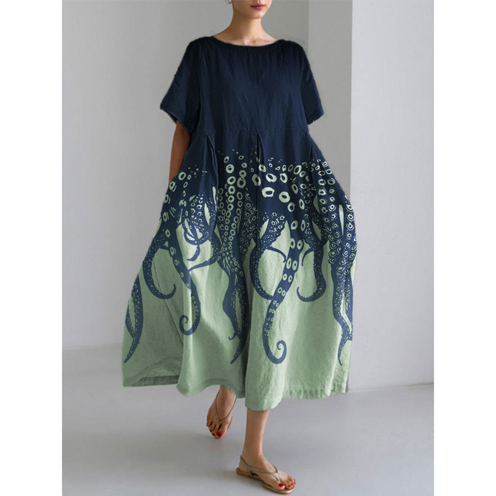 Ocean Octopus Japanese Art Linen Blend Casual Dress