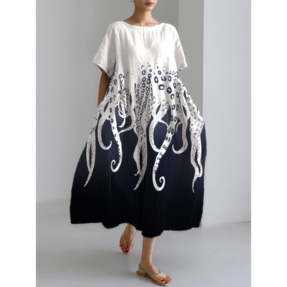 Ocean Octopus Japanese Art Linen Blend Casual Dress