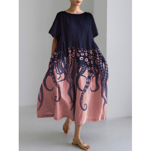 Ocean Octopus Japanese Art Linen Blend Casual Dress