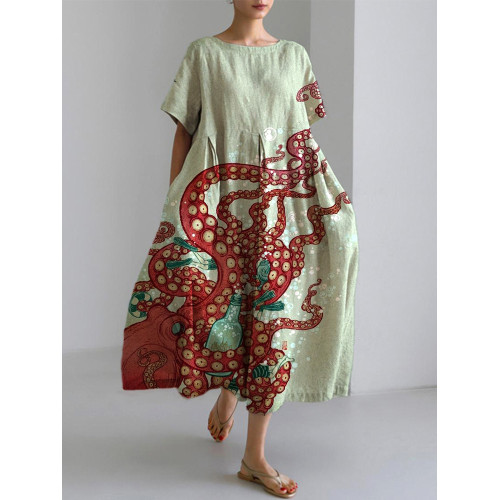 Ocean Octopus Japanese Art Linen Blend Casual Dress