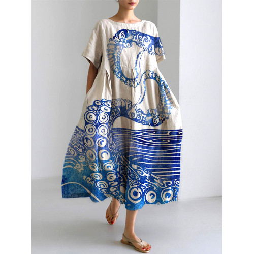 Ocean Octopus Japanese Art Linen Blend Casual Dress