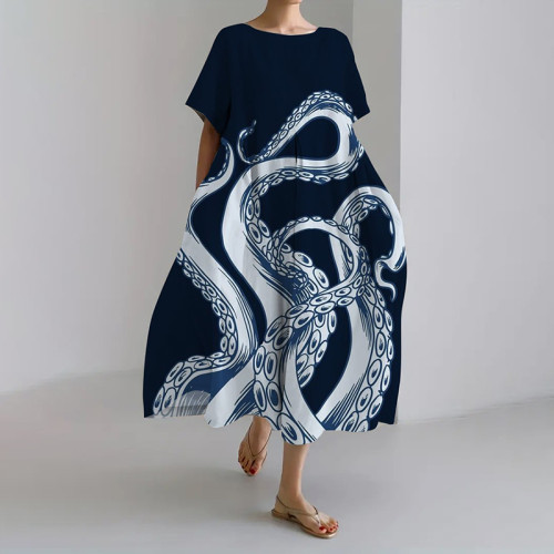 Ocean Octopus Japanese Art Linen Blend Casual Dress