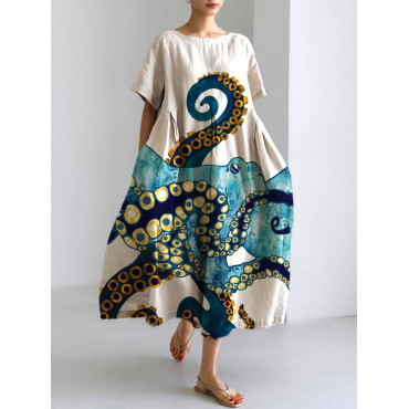 Ocean Octopus Japanese Art Linen Blend Casual Dress
