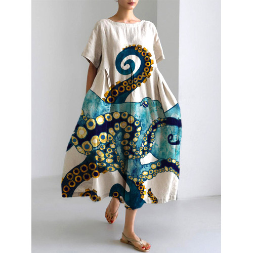Ocean Octopus Japanese Art Linen Blend Casual Dress