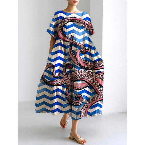 Ocean Octopus Japanese Art Linen Blend Casual Dress