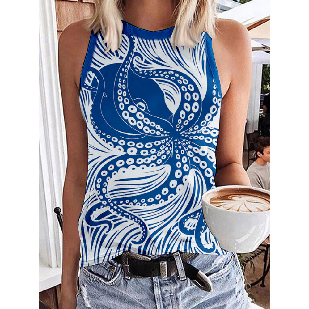 Ocean Octopus Lino Art Graphic Round Neck Tank Top