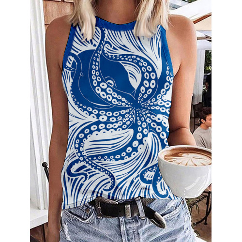 Ocean Octopus Lino Art Graphic Round Neck Tank Top