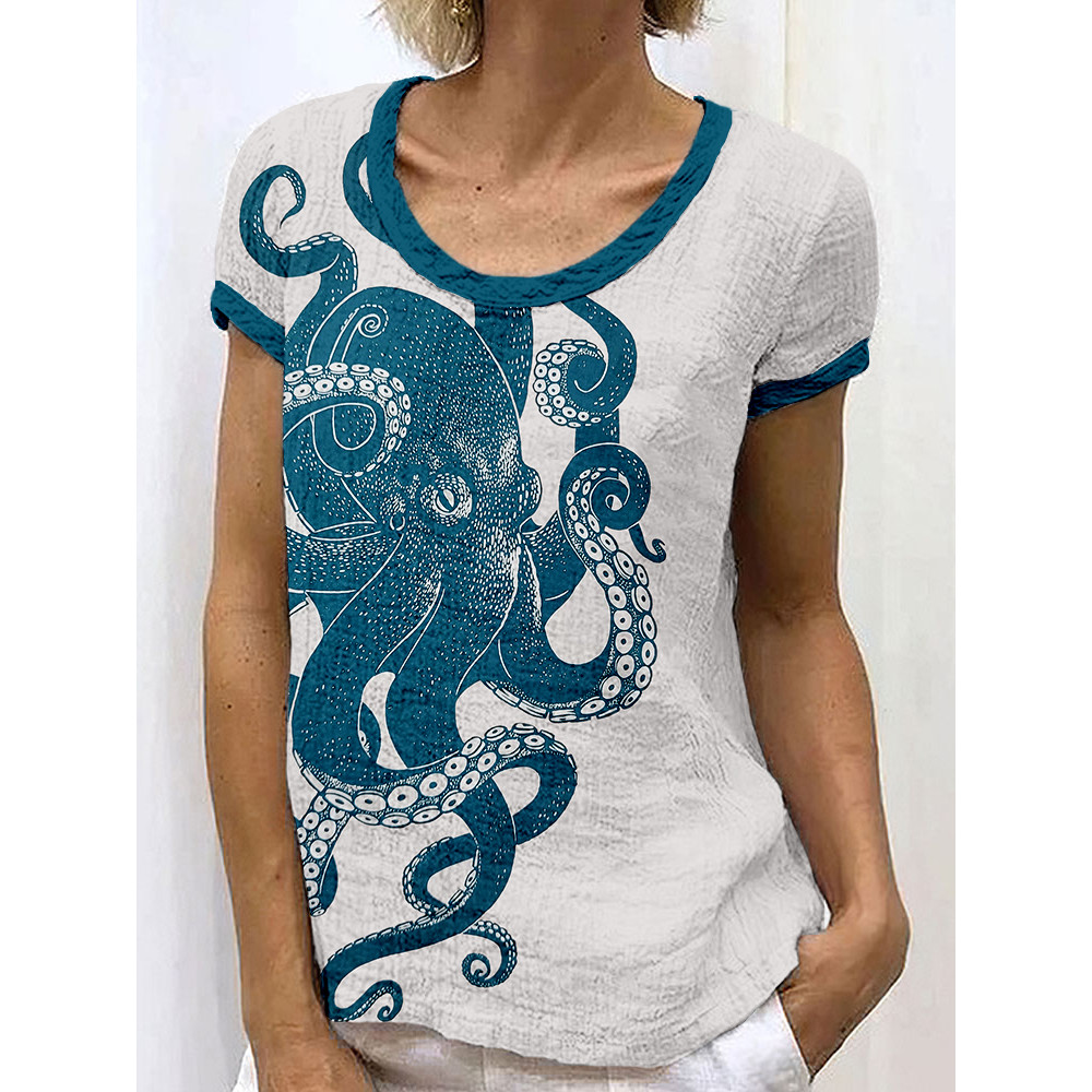 Ocean Octopus Lino Art Linen Blend Crew Neck Shirt