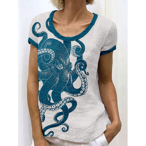 Ocean Octopus Lino Art Linen Blend Crew Neck Shirt