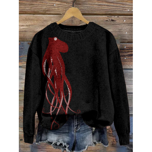 Ocean Octopus Pattern Crew Neck Cozy Knit Sweater