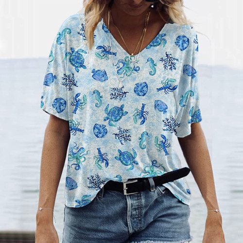 Ocean Print V-Neck Short Sleeve T-Shirt