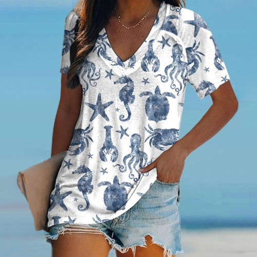 Ocean Print V-Neck Short Sleeved Casual T-Shirt