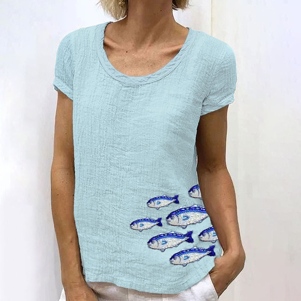 Ocean School Of Fish Embroidery Art Cotton And Linen T-Shirt