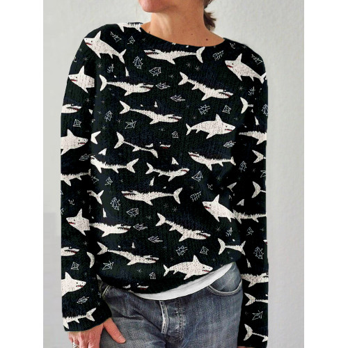 Ocean Shark Embroidery Art Crew Neck Cozy Sweater