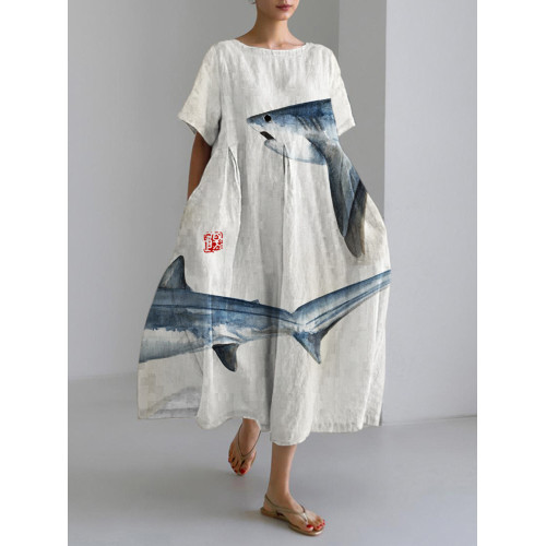 Ocean Shark Japanese Pattern Linen Maxi Dress