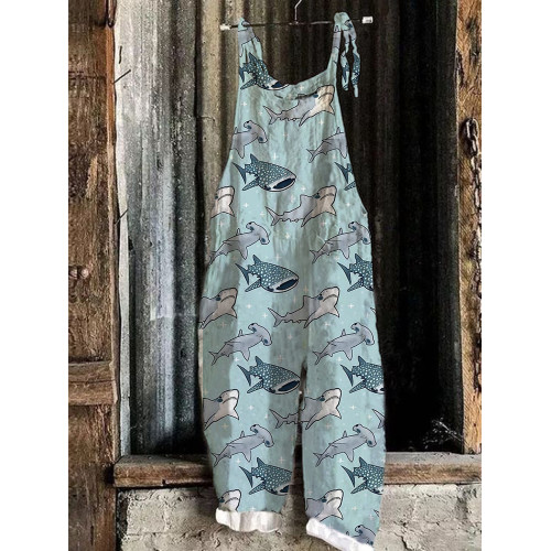 Ocean Shark Print Linen Bib Pants