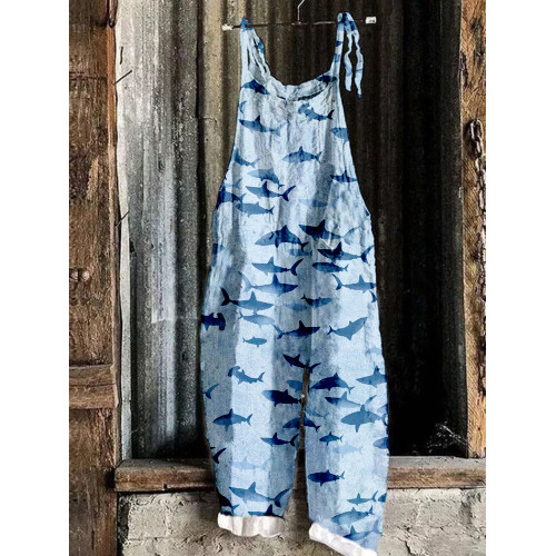 Ocean Shark Watercolor Art Print Linen Bib Pants