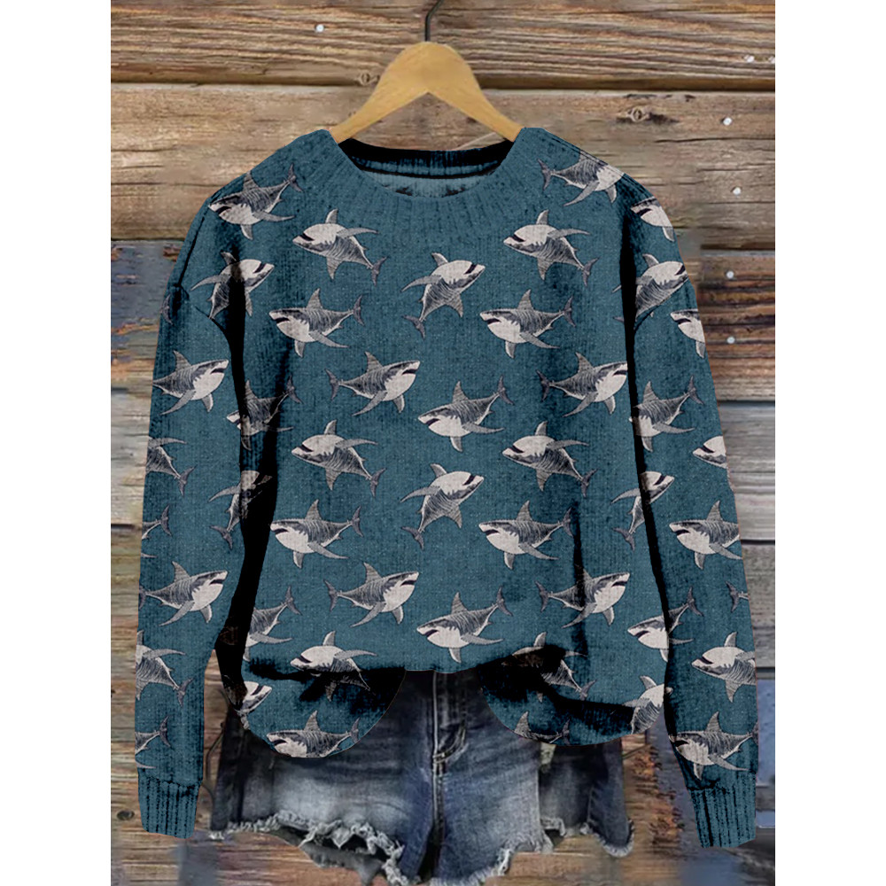 Ocean Sharks Embroidery Art Vintage Cozy Sweater
