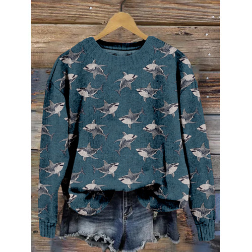 Ocean Sharks Embroidery Art Vintage Cozy Sweater