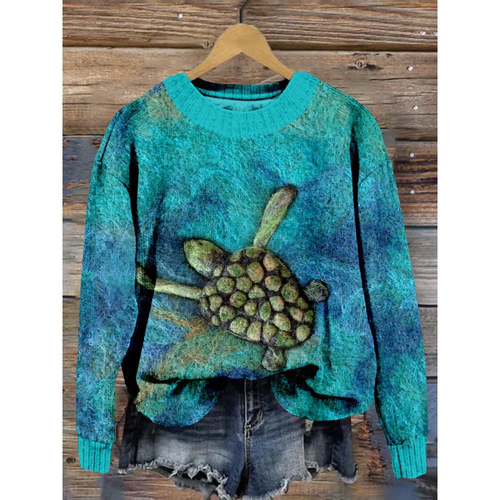 Ocean Turtle Felt Art Crew Neck Cozy Sweater