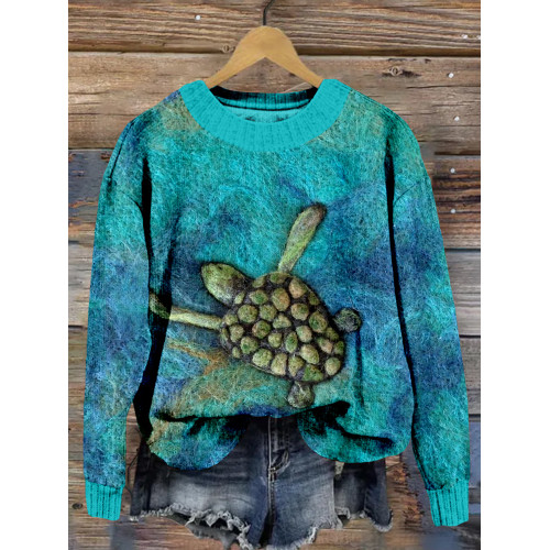 Ocean Turtle Felt Art Crew Neck Cozy Sweater
