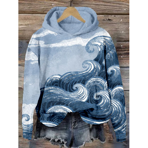 Ocean Waves Art Graphic Casual Cozy Hoodie